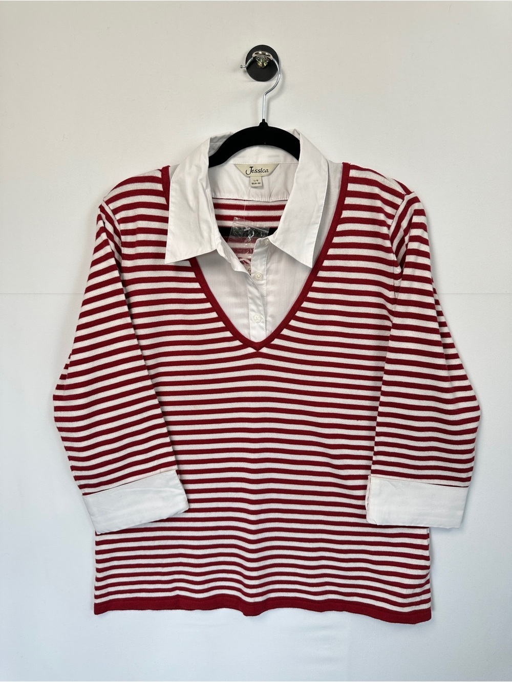 Jessica Preppy Burgundy Red White Striped Layered Shirt Sweater Size L